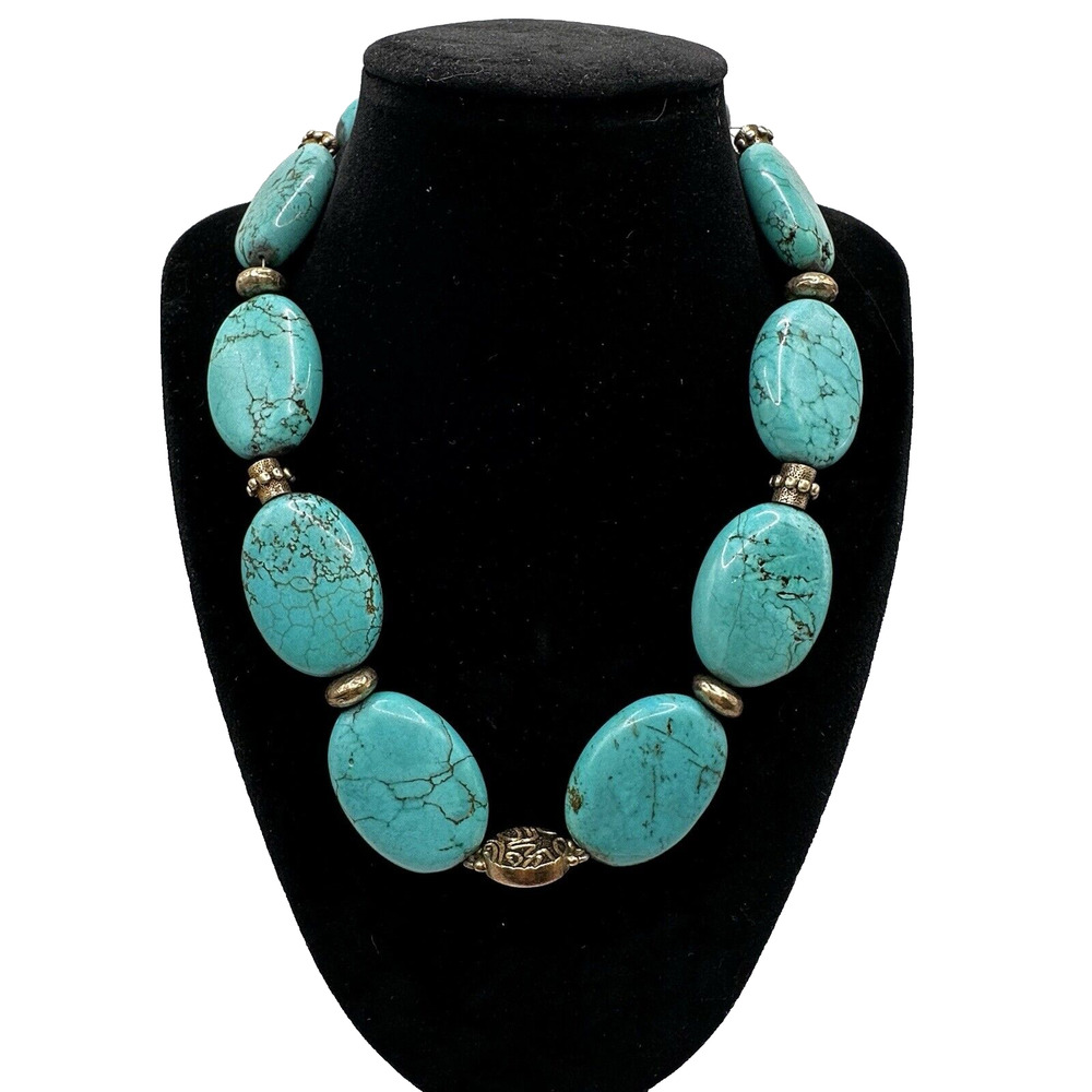 Southwestern Statement Necklace Oval Dyed Howlite & Sterling Silver Beaded 18 In